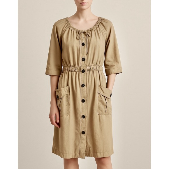 DKNY JEANS Khaki Button Front Midi Dress Women's Size L Utility Pockets Cinched - Picture 1 of 10